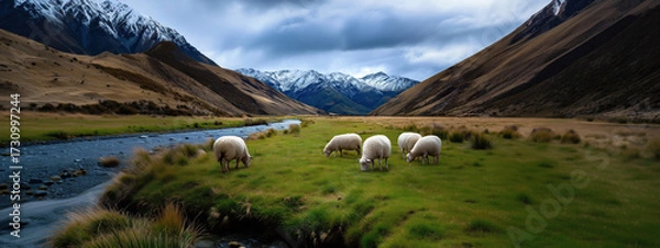 Fototapeta Des moutons broutant de l'herbe verte près d'une rivière avec des montagnes enneigées magnifiques en arrière-plan, vue panoramique.