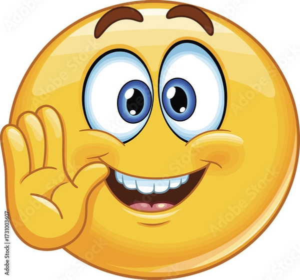 Fototapeta Cartoon smiley face waving hand, cheerful yellow emoji with big eyes, friendly greeting expression and raised palm, flat vector illustration
