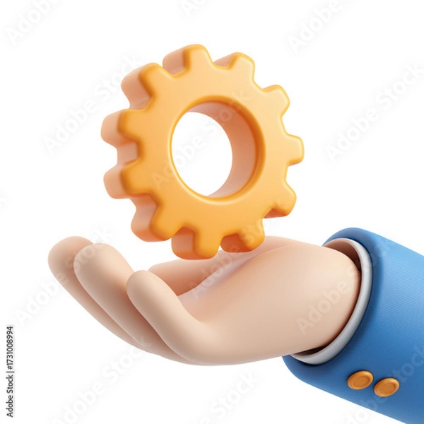 Fototapeta Professional hand presenting an orange gear symbolizing innovation, solutions, and business development, perfect for tech startups and corporate strategies