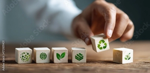 Fototapeta Hand placing a wooden block with a recycle symbol among other blocks with various green environmental icons