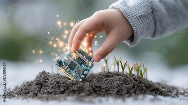 Obraz Child's hand planting a circuit board in soil with sprouts emerging.