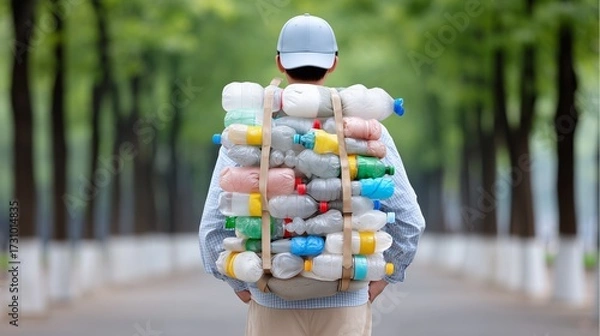 Obraz Man carrying recyclable plastic bottles on his back in a park.