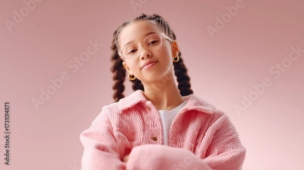 Obraz Happy girl with glasses wearing a pink jacket against a soft background.
