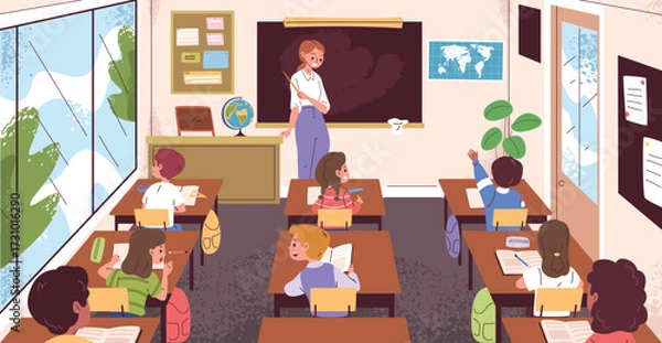 Fototapeta Classroom back view. Teacher at school board teaching lesson for children on class desk, students kids learning study room interior professor chalkboard classy vector illustration