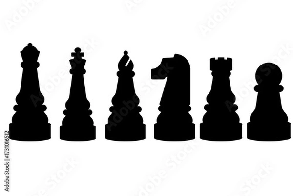 Fototapeta A complete set of black chess piece silhouettes arranged in a row on a white background.