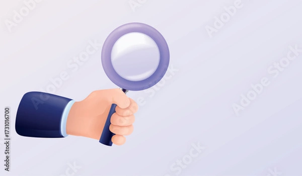 Fototapeta 3d hand magnifying glass. Detective hand hold magnifier render icon, magnify lens inspect data analyze search look zoom focus vision find research info, exact vector illustration