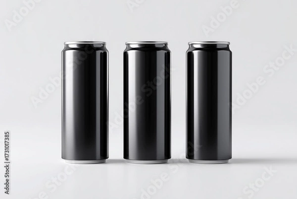 Fototapeta Three glossy black aluminum cans aligned in a row on a light neutral background, perfect for branding, beverage design presentations, and product mockups
