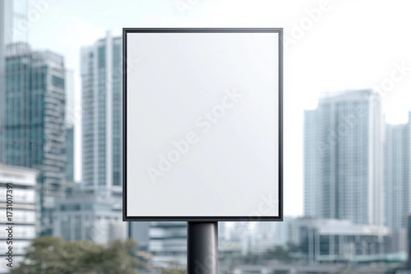 Fototapeta Vertical blank billboard mockup in a modern urban setting with tall buildings in the background, ideal for portrait-format advertising and outdoor promotional content