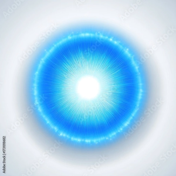 Fototapeta Radiant blue circle with bright white center, surrounded by glowing light effects on a light gray background