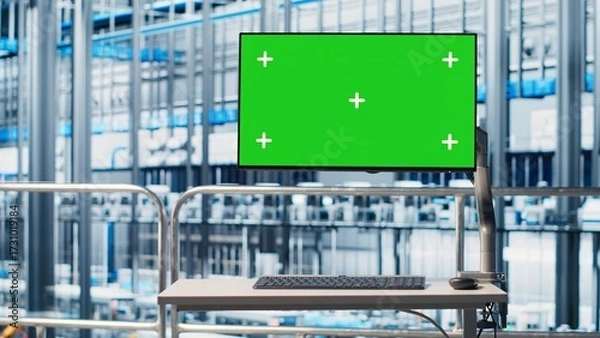 Fototapeta Green screen monitor displaying analytics dashboard for Industry 4.0 smart factory equipment. Industrial plant mockup display visualizing robotic arms performance and metrics from sensor data