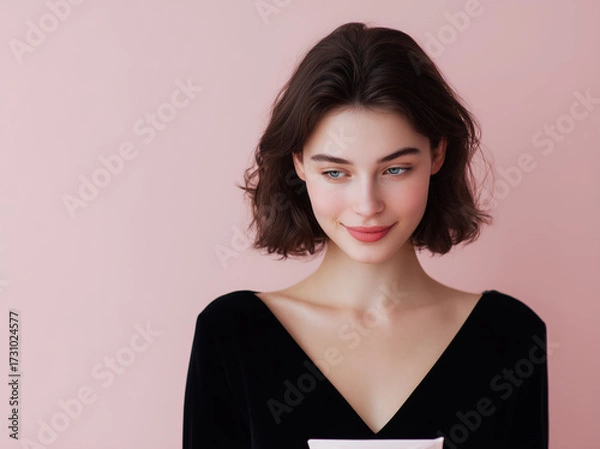 Fototapeta A studio shot of a brunette woman with rosy cheeks, looking down with a demure expression.