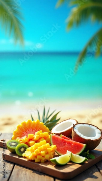 Fototapeta Bright Beach Fruity Still Life Display with Ocean View and Palm