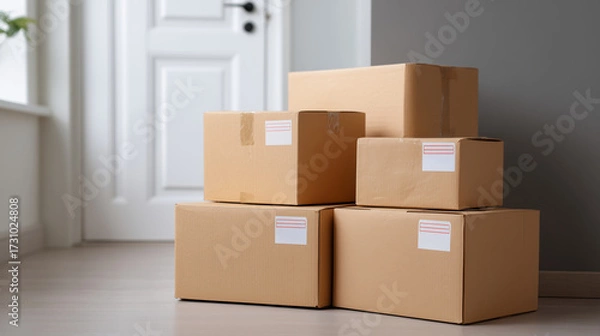 Fototapeta Delivery packages left at the doorstep or inside the home, ready for unboxing.