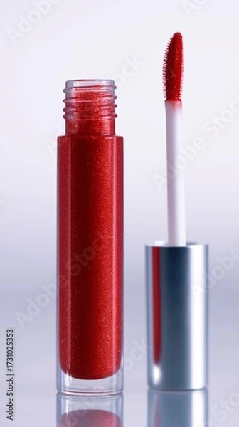 Fototapeta Glamorous close-up of a tube of sparkling red lip product with a fuzzy applicator.