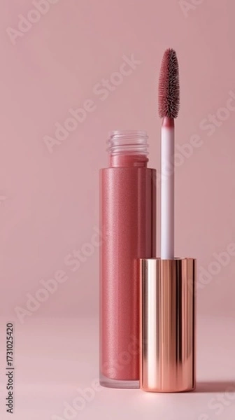 Fototapeta Glamorous close-up of a tube of sparkling red lip product with a fuzzy applicator.
