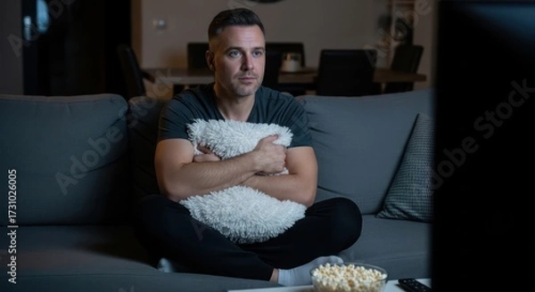 Fototapeta Immersed in cinematic experience: Thoughtful man on couch captivated by intense movie moment
