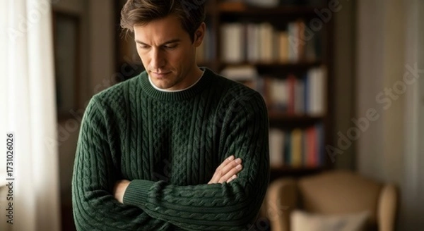 Fototapeta Introspective moments captivating portrait of a thoughtful man indoors showcasing a classic style