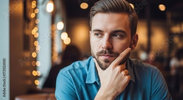 Fototapeta Contemplative man pondering future prospects with soft lighting and a serene expression