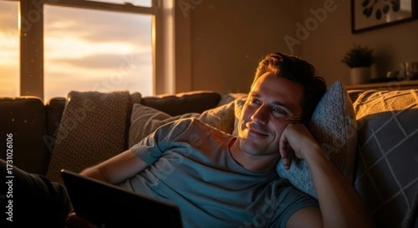 Fototapeta Man relaxing on sofa enjoying the sunset streaming content on his tablet computer at home