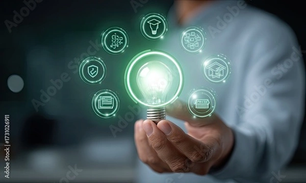 Fototapeta Person holds glowing lightbulb with glowing icons