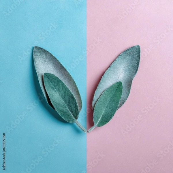 Fototapeta Two sets of overlapping sage leaves, one on turquoise and the other on a muted pink background, creating a symmetrical design