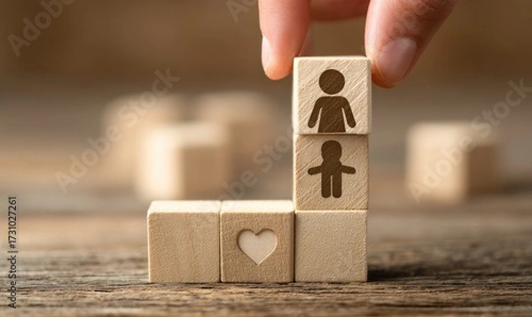 Fototapeta A hand places wooden blocks, each with a symbolic figure,  forming a family structure.  A heart is also included