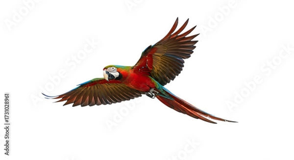 Fototapeta Vibrant Macaw Parrot in Flight with Wings Spread Wide graphic cutout PNG isolated on a transparent background