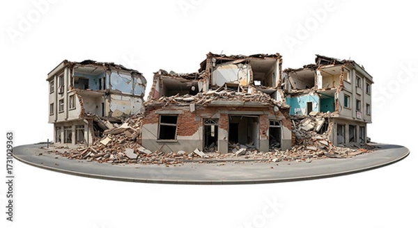 Fototapeta Destroyed Buildings and Rubble on a City Street After Disaster graphic cutout PNG isolated on a transparent background