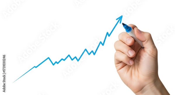 Fototapeta Hand drawing an upward trending blue line graph with a marker graphic design cutout PNG isolated on a transparent background