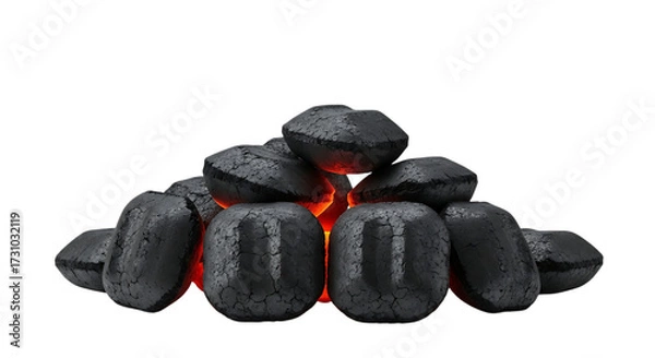 Fototapeta Pile of Glowing Charcoal Briquettes embers cutout PNG isolated on a transparent background