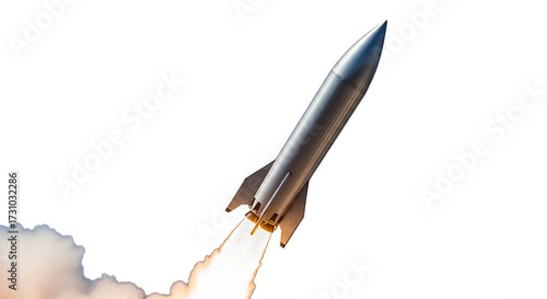 Fototapeta Silver rocket ship launching with smoke and fire trails on a white background spaceship space cutout PNG isolated on a transparent background