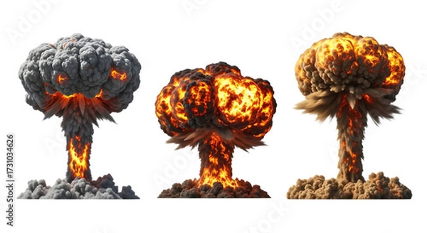 Fototapeta Three Nuclear Explosion Mushroom Clouds graphic cutout PNG isolated on a transparent background