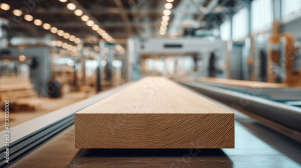 Fototapeta Close-up of wooden plank on production line in factory