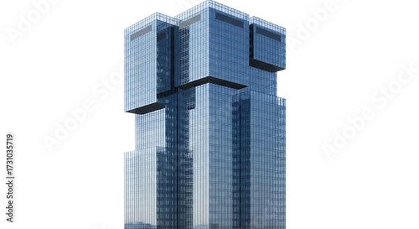 Fototapeta Modern Glass Skyscraper with Geometric Design and Reflective Facade architecture building cutout PNG isolated on a transparent background