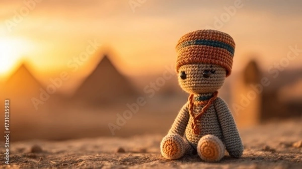 Fototapeta A handcrafted doll sits in front of pyramids at sunset, showcasing intricate crochet details and a vibrant hat.