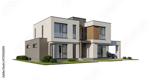 Fototapeta Contemporary Two- Story House with Modern Architecture and Attached Garage home cutout PNG isolated on a transparent background