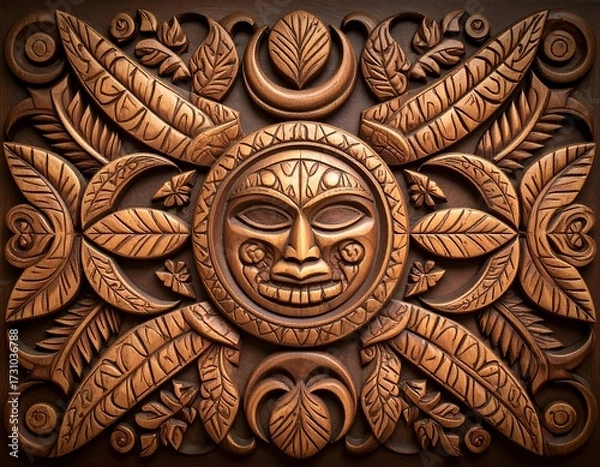 Fototapeta Intricate wood carving with a sun-like mask