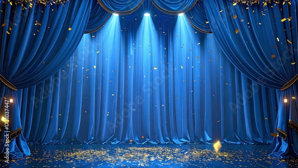 Fototapeta Gritty luxurious Deep blue velvet presentation stage curtain with falling confetti under spotlight symbolizing celebration, victory, and transformation