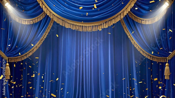 Fototapeta Gritty luxurious Deep blue velvet presentation stage curtain with falling confetti under spotlight symbolizing celebration, victory, and transformation