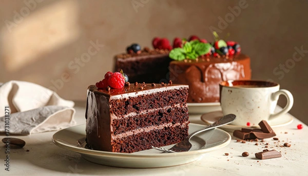 Fototapeta Chocolate cake slice with fresh berries on plate and cup of coffee, cozy dessert scene with rich texture and warm light creating inviting atmosphere
