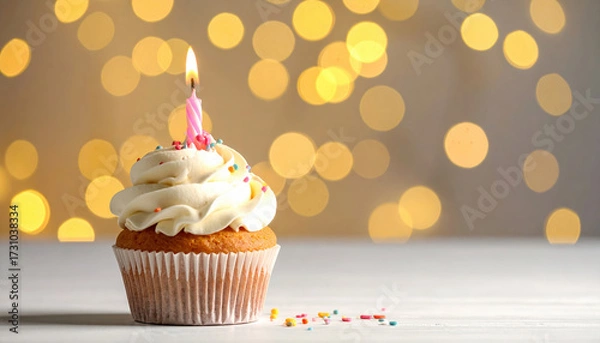Fototapeta Birthday cupcake with lit candle and colorful sprinkles on white wooden table with warm bokeh lights background, festive and cheerful celebration dessert