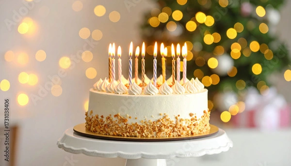 Fototapeta Birthday cake with lit candles on white stand, festive background with warm bokeh lights and blurred Christmas tree, celebration atmosphere with soft glowing decoration
