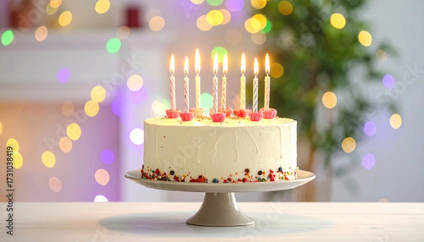 Fototapeta Birthday cake with lit candles on white stand, colorful sprinkles and festive bokeh lights in background creating joyful celebration atmosphere