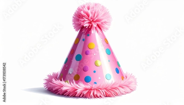 Fototapeta Pink party hat with colorful polka dots and fluffy trim, festive decoration for celebration, isolated on white background with soft shadow, cheerful and bright design