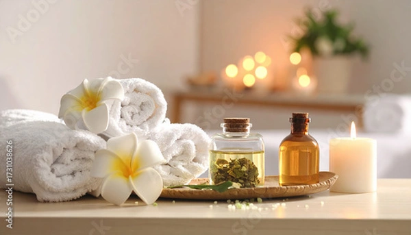 Fototapeta Soft white towel roll with frangipani flower and essential oil bottle on wooden tray with candle light and blurred background for spa and wellness relaxation
