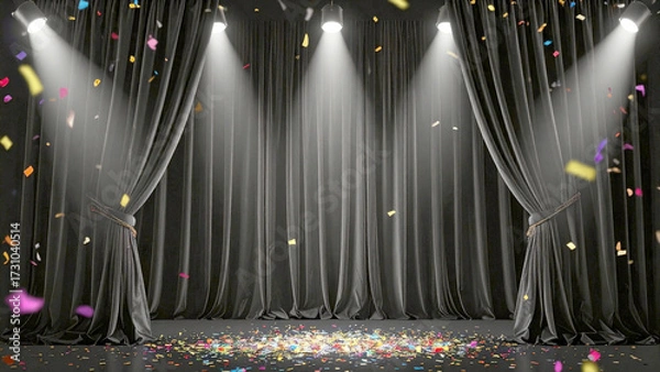 Fototapeta Gritty luxurious Black velvet presentation stage curtain with falling confetti under spotlight symbolizing celebration, victory, and transformation