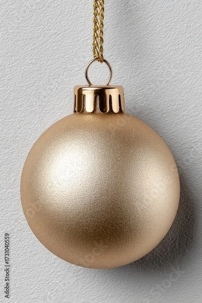 Fototapeta Close-up of a single golden Christmas bauble hanging with a metallic string, textured background, and subtle festive elegance. Minimalist holiday decoration