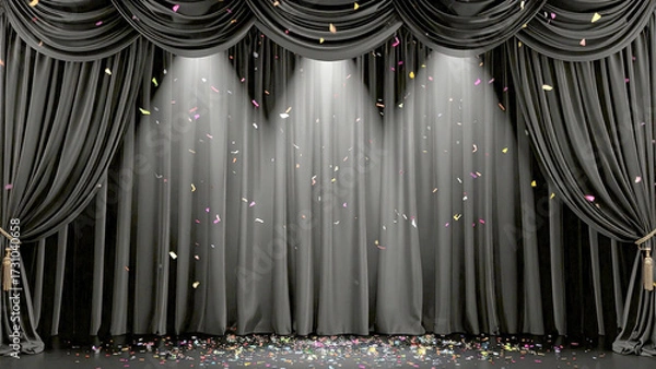 Fototapeta Gritty luxurious Black velvet presentation stage curtain with falling confetti under spotlight symbolizing celebration, victory, and transformation