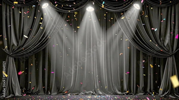 Fototapeta Gritty luxurious Black velvet presentation stage curtain with falling confetti under spotlight symbolizing celebration, victory, and transformation