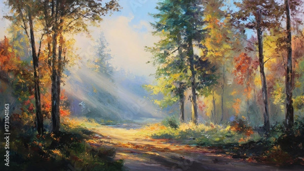 Fototapeta Painting of a beautiful hazy autumn landscape. Trees in fall colors.